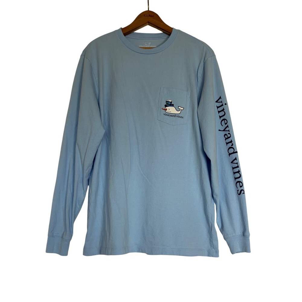 Vineyard Vines Mens Snowman Whale‎ Long Sleeve Pocket T-Shirt Blue M Holiday